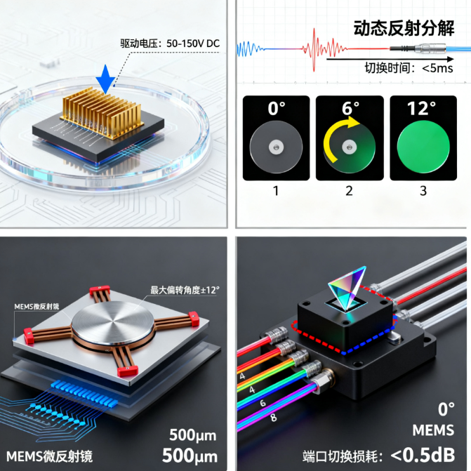 MEMS光開關工作原理靜電驅(qū)動微反射鏡光路切換光通信