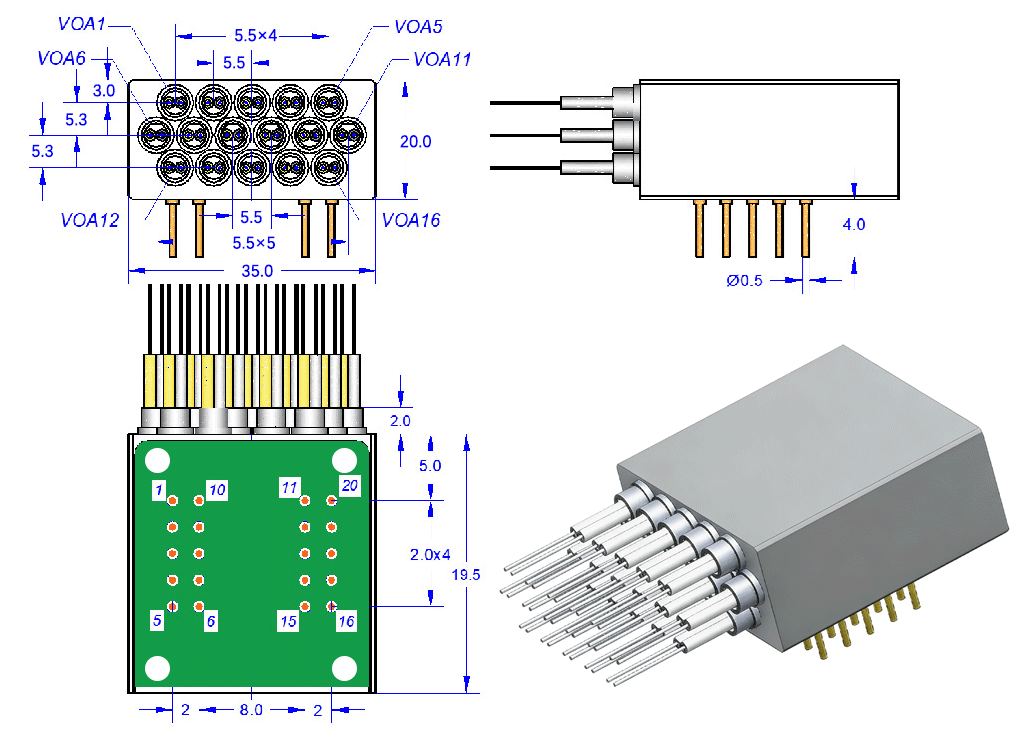 超微型 MEMS 可變衰減陣列尺寸圖